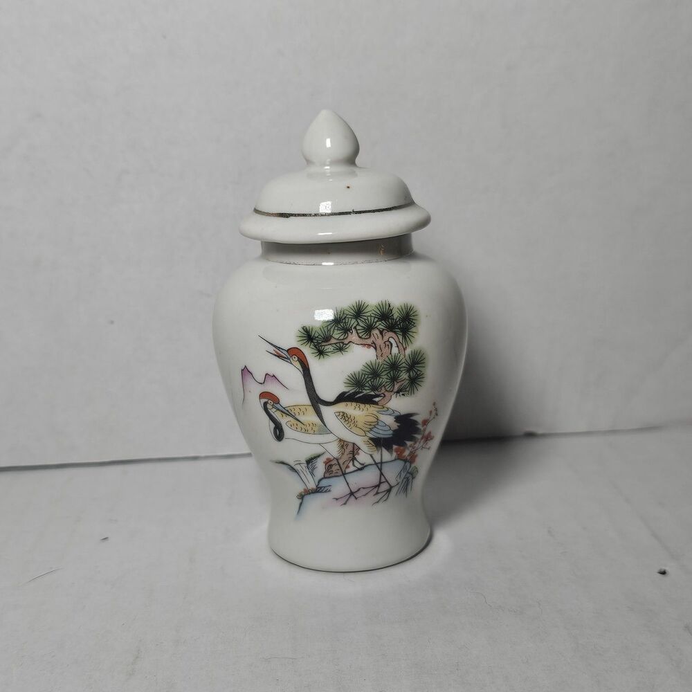 Vintage Porcelain Ginger Jar with Lid & Crane Floral Decor Japan